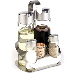APS Menage PRO 13 x 11 cm Höhe 19 cm Set mit Essig- und Öl-Flasche Salz- und Pfefferstreuer Zahnstocherspender Edelstahl