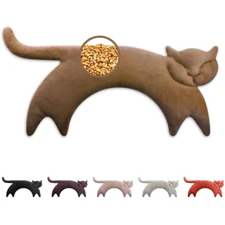 LESCHI Wärmekissen für Mikrowelle (47x23 cm), aus 100% Bio Baumwolle und Bio Weizen, Katze Braun, Körnerkissen, Nackenwärmer ideal als Wärmespender und bei Verspannungen an Nacken Schulter Hals Rücken