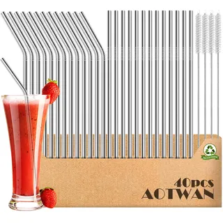 AOTWAN Edelstahl Trinkhalme - Metall Strohhalme Wiederverwendbar, 40 Stück Enthalten: 18 Gerade + 18 Gebogen + 4 Reinigungsbürsten für Cocktails, Smoothies und Säfte