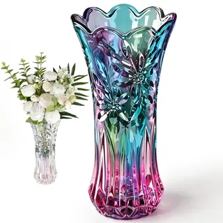 YNNHUDEEP Blumenvase 24 cm Glasvase Dickwandige Tulpenvase mit 2.4 PFD, Stabile Klarglasvase als Geschenk für Mama zum Geburtstag, Elegante Tischdeko für Hochzeiten Wohnzimmer (Bunt)