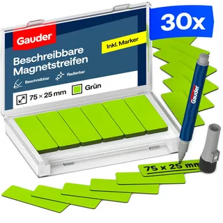 GAUDER Magnetetiketten beschreibbar - Wiederverwendbare Magnetschilder zum Beschriften für Whiteboard, Tafel, Kanban-Board und Kühlschrank - Magnetkarten mit Marker (30 Stück - 75 x 25 mm)