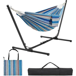 Yaheetech Hängematte mit Gestell, Verstellbarer Doppelhängematte 294/304/314cm mit Stabiler Rahmen, bis 205 kg Belastbar, Großzügige 2-3 Personen Hammock für Indoor & Outdoor, Blau-Roter Streifen