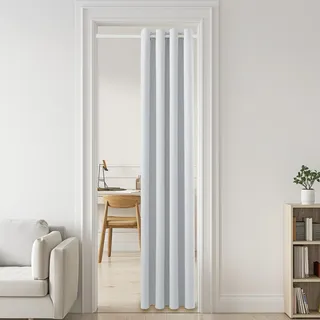 PONY DANCE Türvorhang Hitzeschutz Vorhang Tür ohne Bohren Ösenschal Türgardine mit Teleskopstange (Vorhang Grau-weiß + Stange Weiß) Gardine H 200 x B 150 cm, Stange 45-130 cm