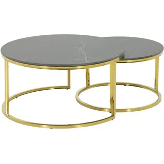 Apollo 2er Set Couchtisch Wohnzimmertisch Joel, Rund, Sofatisch, Echtstein in Marmoroptik Glanz Schwarz, Metallgestell Gold, Ø 80+Ø 60cm