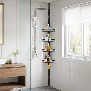 QIUFEN Teleskop Duschregal, Metall Eckregal Badezimmer Regal Duschregal ohne Bohren Duschablage Ecke, Teleskopregal Bad für Dusche, Höhenverstellbar von 73-302 cm (Schwarz)