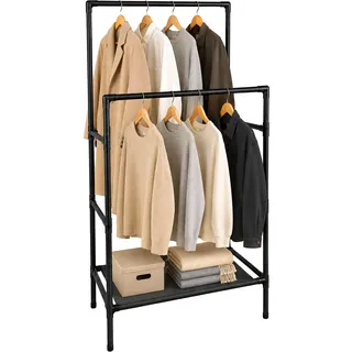Relaxdays Kleiderständer, 2 Stangen mit Ablage, Stecksystem, HBT: 157 x 85 x 46 cm, Metall & Stoff, Garderobe, schwarz