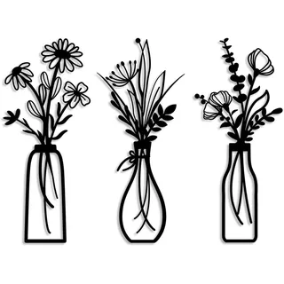 Mailfull 3 Stück Wanddeko Metall Blumen Wanddekoration Minimalistische Vase Wandkunst für Schlafzimmern Wohnzimmern Badezimmer Küche Fluren Schwarz
