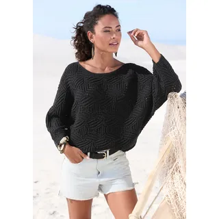 Fledermauspullover LASCANA "mit aufwendigem Strickmuster, Lochstrickmuster", Damen, Gr. 36/38, schwarz, Strick, Obermaterial: 60% Baumwolle, 40% Polyacryl, unifarben, figurumspielend hüftlang, U-Boot-Ausschnitt, Fledermausärmel, Pullover Fledermauspullover, modischer Ajourpullover, Oversize-Pullover, Strickpullover, Frühling