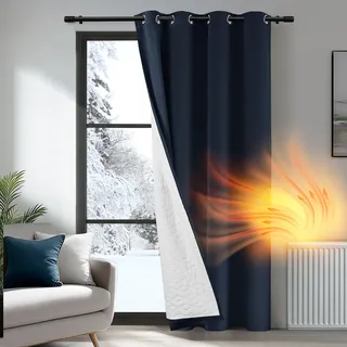 Deconovo Thermovorhang Kälteschutz, Gardinen mit Ösen gegen Kälte, Wärmeisolierend Vorhang Verdunkelung Wohnzimmer, 160x132cm(HöhexBreite), Dunkelblau, 1 Stück