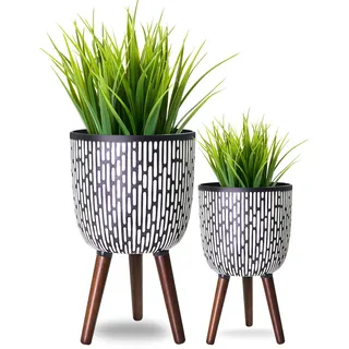 Opnons 2 Set Blumentopf mit Ständer 25,4 & 30,5 cm, Mitte des Jahrhunderts großer Pflanzkübel mit Beinen für Zimmerpflanzen, Boho-Druck, stehender Blumentopf mit Ablaufstopfen für Monstera, Kräuter,
