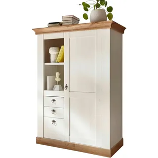 Furn.Design Highboard weiß Pinie, Eiche, Landhaus Kommode 100 x 140 cm , Weiß, Eiche Wotan , Holzwerkstoff , Nachbildung,Eiche, Pinie , Uni, Holz Optik , 3 Fächer , 3 Schubladen , Sockel , 102x139x44 cm , Kleinmöbel, Kommoden, Highboards