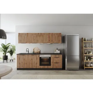 Küchenzeile KOCHSTATION "KS-Lagos", beige (küche: natur, front: listrado eiche, korpus: grafitgrau, arbeitsplatte: betongrau), B:240cm H:200cm T:60cm, Komplettküchen-Sets, Küchenzeile, Breite 240 cm,wahlweise mit E-Geräten, Spüle in edelstahl oder schwarz