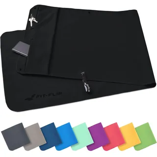 Fit-Flip Fitness Handtuch aus Mikrofaser - mit Magnet und Reißverschluss Tasche - Fitnesshandtuch für Sport und Gym - Kompakt & Schnelltrocknend - Sporthandtuch Fitnessstudio - Schwarz - 130x48cm