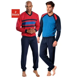 Pyjama LE JOGGER, Herren, Gr. 48/50, bunt (rot, marine, blau, marine), Jersey, Obermaterial: 100% Baumwolle, unifarben mit Farbeinsätzen, Basic, bequem lang, V-Ausschnitt, angesetztes Bündchen, Homewear-Sets Pyjama, in langer Form, Topseller