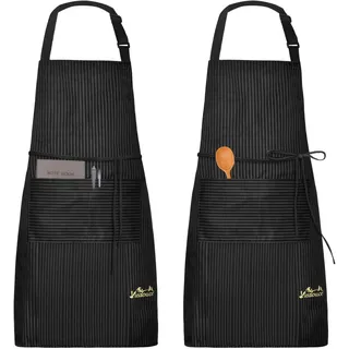 Viedouce 2 Pack Schürze,Wasserdicht Kochschürze mit Taschen,Verstellbarem Küchenschürze Grillschürze latzschürze Küchenschürze für Frauen Männer Chef-Belastbar & Einfach zu Reinigen,Streifen Schwarz