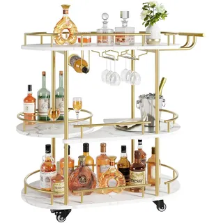 Eleganter Barwagen - 4-stöckiger Servierwagen - Mit Flaschenhalter und Glashalter - Metallablagen - Rollbar für Küche, Esszimmer, Wohnzimmer - Gold Weiß - Gold, Weiß