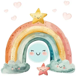 Wallfluent Wandaufkleber 100x110cm - Regenbogen und Sterne , Multicolor , Kunststoff , Rechteckig , 100x110x0.1 cm , Tapeten & Wandverkleidungen, Wandtattoos & Sticker, Wandtattoos
