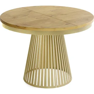 Esstisch Rund Ausziehbar mit Lamellen im Loft-Stil – 100 bis 180 cm – Industrieller Tisch mit Metallbeinen in Gold, Platzsparend für Wohnzimmer oder Esszimmer – Eiche Hell Braun - Braun
