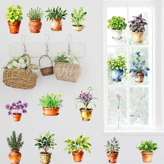 SUPERDANT Wandtattoo Blumen Und Pflanzen Töpfe Wandtattoo Wohnzimmer Aquarell Bepflanzte Kräuter Wandsticker Abziehbare Selbstklebende Große Wandaufkleber Für Wohnzimmer Schlafzimmer Küche Büro