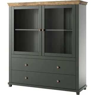 Highboard mit Glaseinsätzen und LED Beleuchtung EPSOM-83 Landhaus grün mit Lefkas Eiche Nb., B/H/T: ca. 126/138/42 cm - Grün