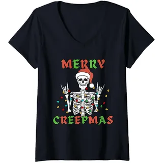 Damen Frohe Creepmas Skelett Weihnachtsmann Weihnachten Gruselig Gothic Xmas T-Shirt mit V-Ausschnitt, Schwarz, L