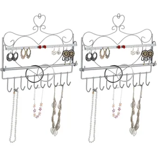 Relaxdays Wand Schmuckhalter, für Ketten, Ohrringe & Armbänder, Kettenhalter Herzform, HxBxT: 30 x 36,5 x 3,5 cm, silber (Packung mit 2)