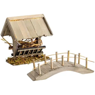 MaMeMi KRIPPENSET: BRÜCKE aus Holz (ca. 13 cm) und FUTTERKRIPPE aus Holz (ca. 10 cm) – Handgefertigtes Krippenzubehör für Weihnachtskrippe und Krippenlandschaften