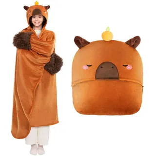 Mewaii Tragbare Decke mit Kapuze und Ärmeln im Capybara Design Kuscheldecke mit Handschuhen Weiche Flanell Sherpa Decke für Damen und Herren Ideal für Zuhause Reisen und Tierliebhaber