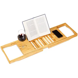 Relaxdays Badewannenablage Bambus mit Buchstütze HxBxT 17,5 x 22 cm, Weinglashalter, Badewannenbrett, Ablage, natur
