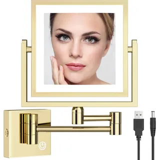 Schminkspiegel RECKODOR mit Beleuchtung, 3-fach Vergrößerung, quadratisch, Gold - Gold