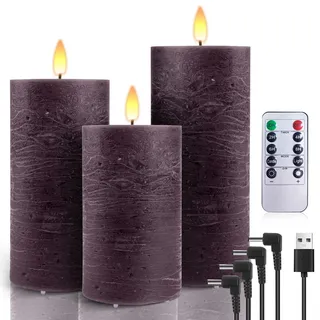 AiiBowy LED Kerzen Aufladbar USB Echtwachs [3er-Set] mit timerfunktion, Kerzen Flackernde Flamme, Adventskranz, LED Stumpenkerzen Outdoor für Halloween Weihnachten Dekoration Lila
