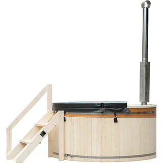 HOME DELUXE - Hot Tub SKANDI - Größe L,  210 cm, Außenhöhe 100 cm, Nordische Fichte, inkl. Abdeckung, Treppe und Ofen I Badefass Badetonne Whirlpool