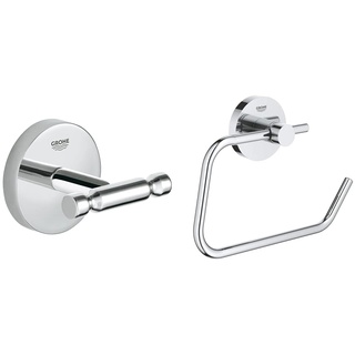 Grohe Bau Cosmopolitan - Bademantelhaken, chrom, 40461001 & Essentials - WC-Papierhalter (Material: Metall, verdeckte Befestigung, zum bohren oder kleben), chrom, 40689001