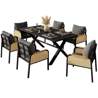 Okwish Gartenmöbelset 148/80/75 cm schwarz/natur aus Eisen mit 6 Stühlen , Naturfarben , Metall , Gartenmöbel, Gartengarnituren, Gartenmöbel-Sets