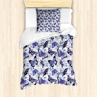 ABAKUHAUS Retro Mantele, Alte Blumen Schmetterling, Milbensicher Allergiker geeignet mit Kissenbezügen, 135 cm x 200 cm - 80 x 80 cm, Violet Schwarz Baby Blue - Schwarz