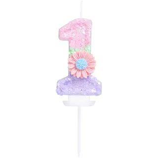 EAKE Geburtstagskerze mit Blume, Zahl 1 mit Blume, Candy Macaron Glitzer, 1 Kerze, Geburtstag, Mädchen, Frauen, süßes Thema, 1. Geburtstag, Hochzeit, Jahrestag, Party, Kuchendekoration, Dekoration