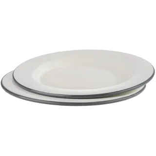 APS Teller flach Ø 26 cm, H: 2 cm, emaillierts Stahlblech, Farbe: cremeweiß mit grauem Rand