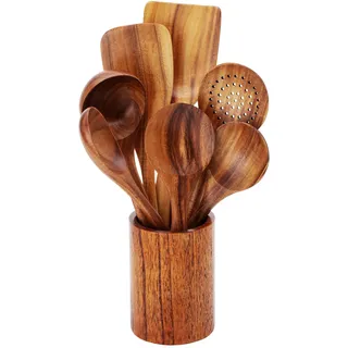 FJNATINH Holz Kochbesteck-Set mit Halter,Pfannenwender Schaumlöffel Holzwender Servierlöffel Rührlöffel Suppenschöpflöffel Öllöffel-7 Stück aus natürlichem Teakholz Küchenutensilien Set