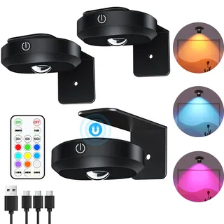 WILLED Bilderleuchte akku, Bild beleuchtung wand kabellos, Round USB Aufladbar RGB LED Spots Akku mit Fernbedienung, Wiederaufladbare Bilderlampe, Vitrinenbeleuchtung LED mit Timing Funktion(3er Pack)