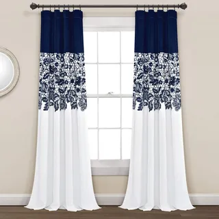 Lush Décor „Estate Garden“ Vorhang-Set – lichtdurchlässige Fensterdekoration mit floralem Muster für Wohn-, ESS- und Schlafzimmer (2er-Set), extra lang und breit, 241 × 132 cm, Marineblau