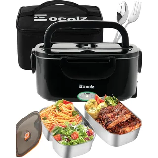 Eocolz Elektrische Lunchbox Food Heater 80-100W, Speisenwärmer mit Doppelbehälter 1,5L Tragbare Beheizte Lunchbox für Auto LKW Arbeit Edelstahl Gabel & Löffel 12/24/110V für Erwachsene (Schwarz)
