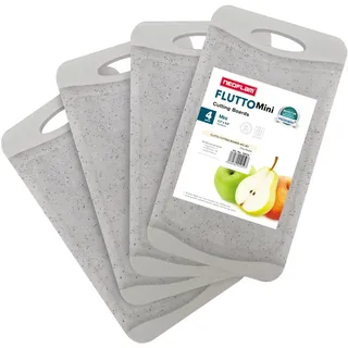 NEOFLAM® Frühstücksbrettchen rutschfest 4er Set Schneidebrett Kunststoff klein antibakteriell 25x14cm, Brettchen spülmaschinenfest mit Saftrille und Griff, Brotzeitbrett BPA-frei, Marmoroptik hellgrau