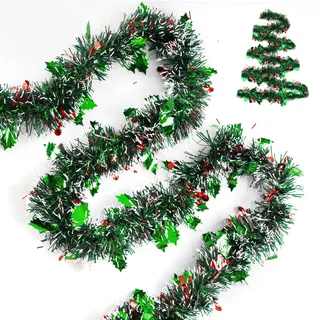 G2PLUS 10M Weihnachtsbaum Girlande Glitzer: 9cm Weihnachtsgirlande Lametta mit Beere Stechpalmenblatt, Grün und Rot Weihnachten Deko Girlande für Weihnachten, Weihnachtsbaum Dekorieren