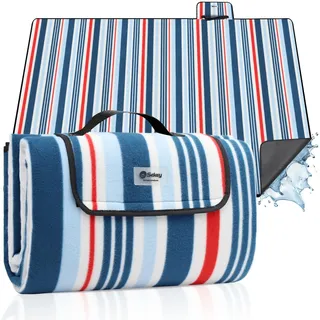 Sekey Picknickdecke Wasserdicht 200x200cm, Sandfeste Strandmatte, PEVA-Wasserdichter Untergrund, Stranddecke Tragbare Faltbar Gepolstert, für Outdoor-Camping, Strand und Wiese, Blau-Weiß-Rote Streifen