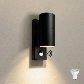 JNR Edelstahl LED Außenlampe mit PIR Bewegungsmelder, IP54 Wasserdichte Außenleuchte mit Bewegungsmelder 230V, Aussenlampe inkl. 5W GU10 3000K Warmweiß Glühbirne, wandleuchte aussen innen, Schwarz