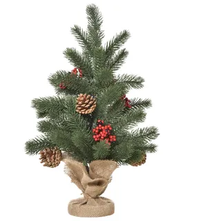 Homcom Weihnachtsbaum 50 cm Christbaum mit 4 roten Beeren und 4 Tannenzapfen Kunsttanne 55 Zweige Stabiler und haltbarer Sockel für Tisch und Schreibtisch PE Zement Sackleinen Grün Ø28 x 50 cm - Grün