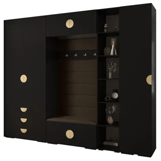 Abiks Möbel Garderoben-Set 236,7/290/47 , Schwarz, Braun, Goldfarben , Holz , Nachbildung , 13 Fächer , 290x236.7x47 cm , Garderobe, Garderoben-Sets & Garderoben-Serien, Garderoben-Sets
