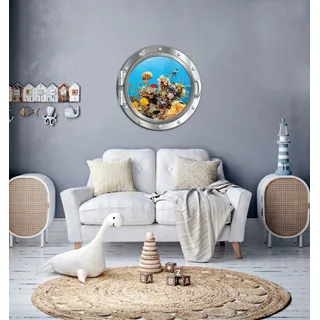 Queence "3D Bullauge Illusion Unterwasserwelt Korallen 40x40 cm", Selbstklebender Wanddurchbruch Unterwasser,