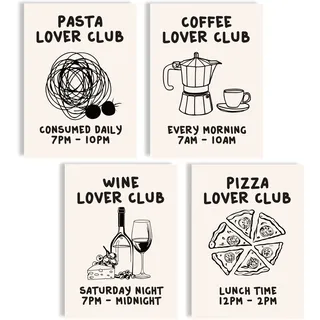mojoliving Poster Kaffee Bilder Kaffee Bild Wandbilder für die Küche Poster Aesthetic Deko Küchenbilder Vintage Bilder Wohnzimmer Deko Küche (Food Lover Club, 4x A4 | ohne Rahmen)