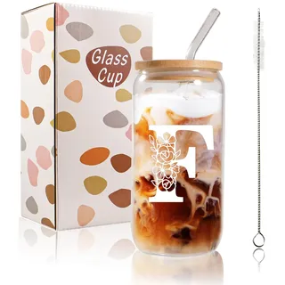 Bliceon A-Z Initial Personalisierte Geburtstagsgeschenke für Frauen, 500ml Eiskaffeetassen aus Glas für Mama, Freundinnen und Schwestern, Männer, Papa, Eiskaffeetasse mit Deckel und Strohhalmen (F)